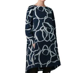 NWT COS Mini Dress Navy Abstract Print Voluminous A-Line Hi Low Long Sleeve US6